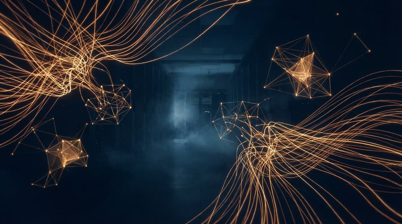 Abstract data streams converging into distinct warm amber patterns against deep blue darkness