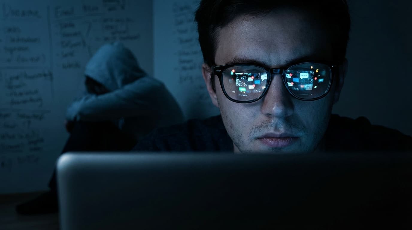 Developer staring at a laptop screen filled with scattered notifications in moody blue lighting