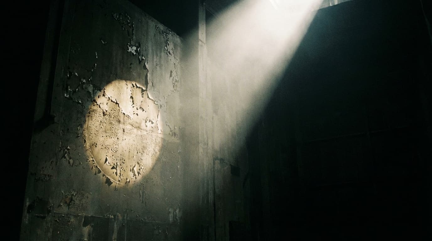 A single bright spotlight cutting through darkness illuminating one spot on an abstract surface