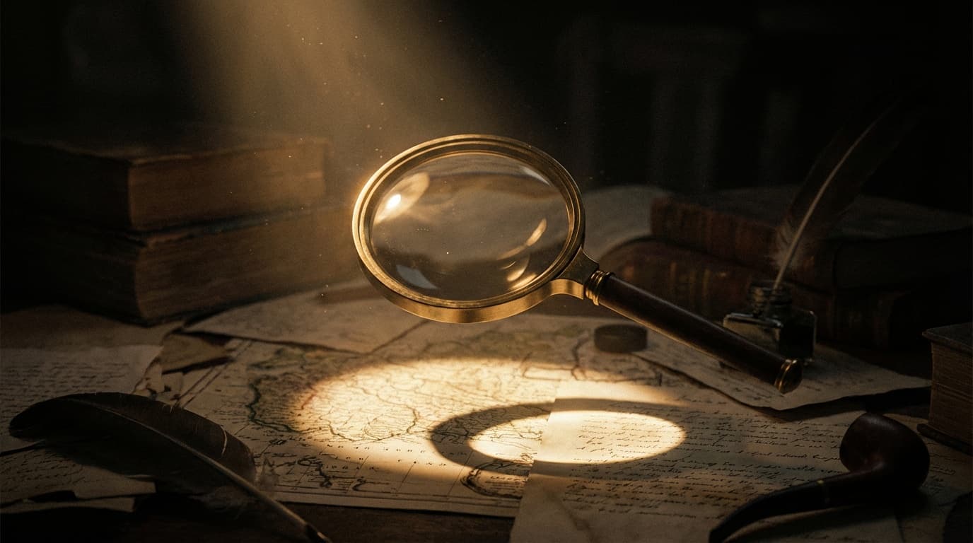 Magnifying glass hovering over documents with focused light creating clarity in surrounding darkness