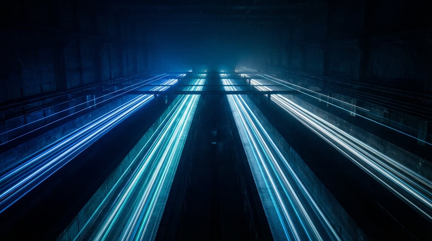 Abstract light streams flowing through parallel channels in deep blue darkness