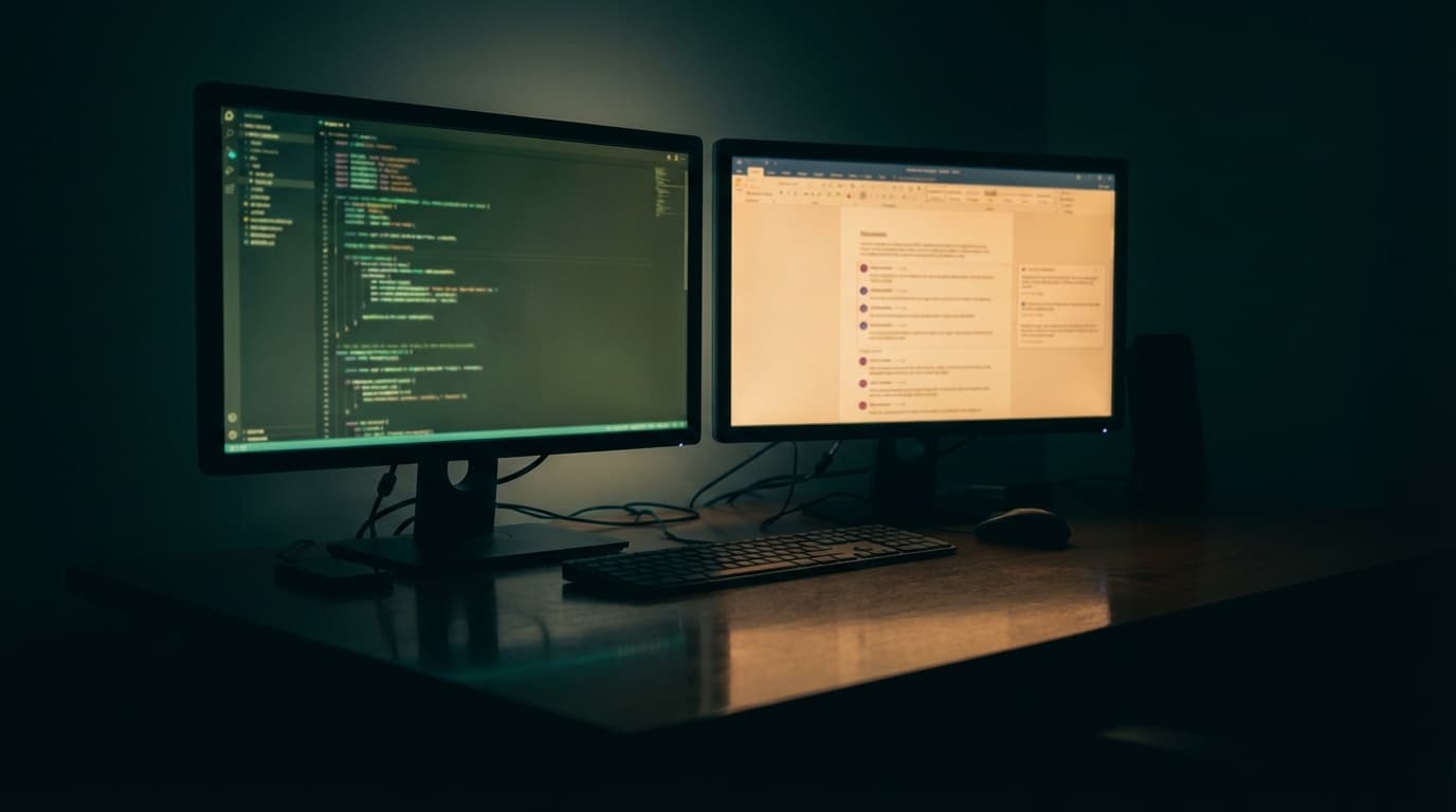 Two monitors side by side showing code and review comments with soft green and amber light