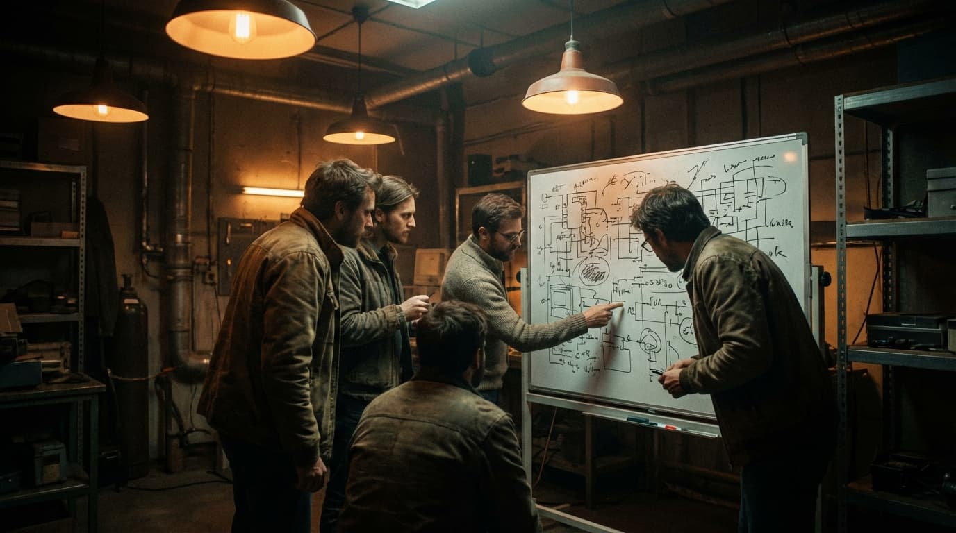 Small engineering team gathered around a whiteboard with warm overhead lighting in a dark room