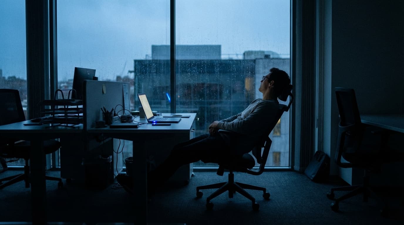 Developer leaning back in chair waiting, laptop open with a single notification glowing in dusk-lit office