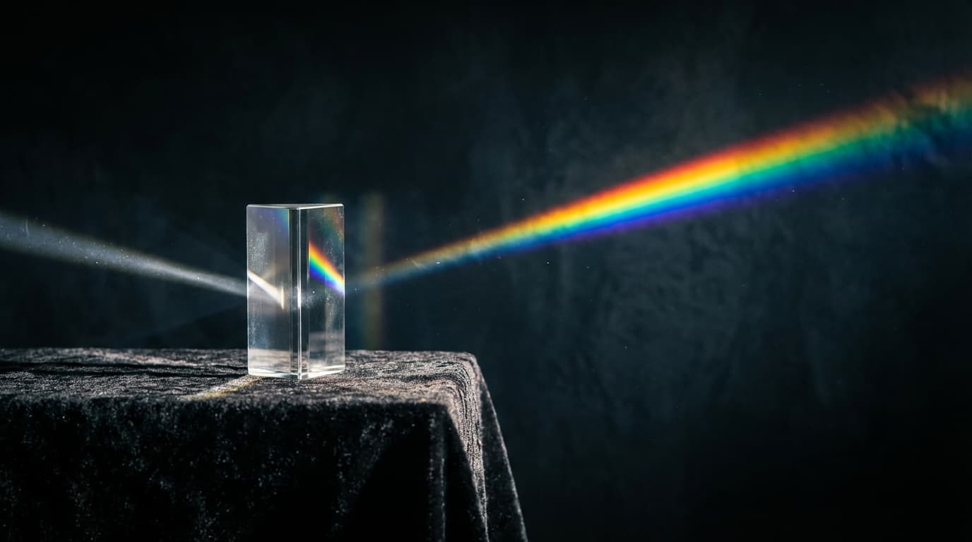 Glass prism splitting white light into an ordered spectrum against deep black background