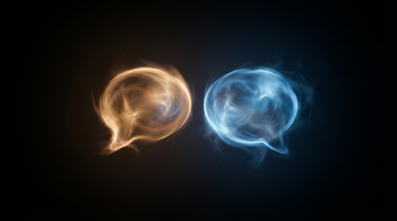 Two speech bubbles made of warm amber and cool blue light hovering in darkness