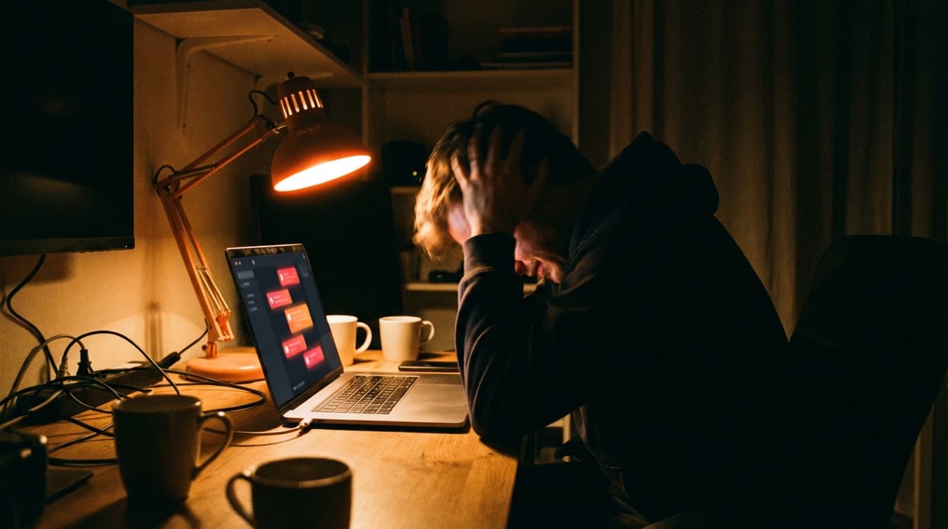 Developer shaking their head at repeated notifications on laptop screen in warm amber lighting