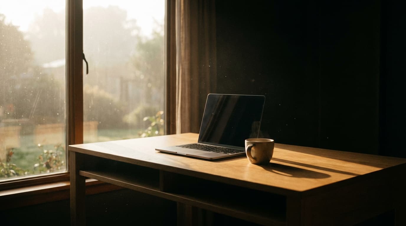 Clean minimal desk with laptop and coffee cup in warm morning light streaming through a window