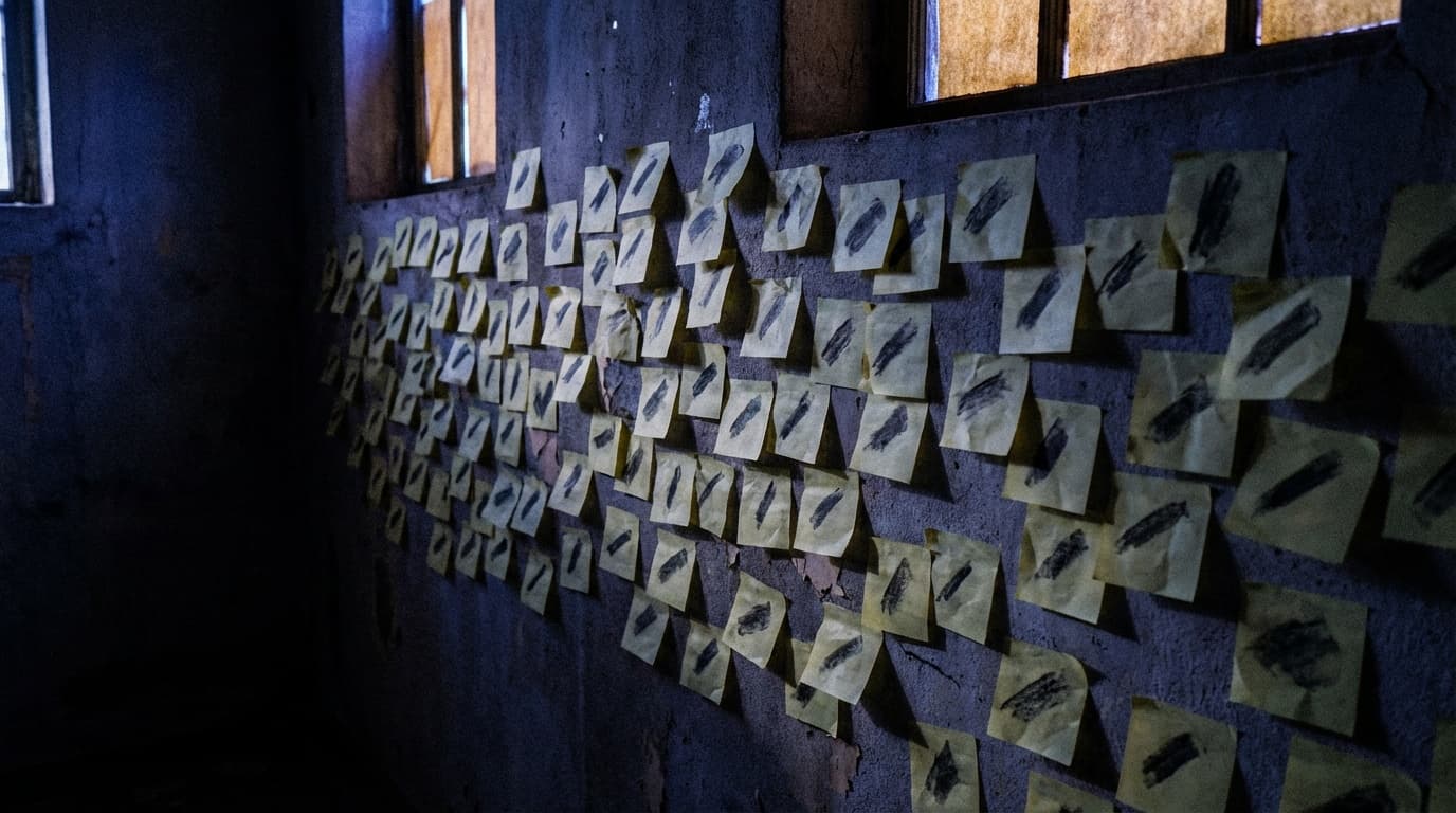 Dozens of identical sticky notes overlapping on a dark wall in moody blue and yellow lighting
